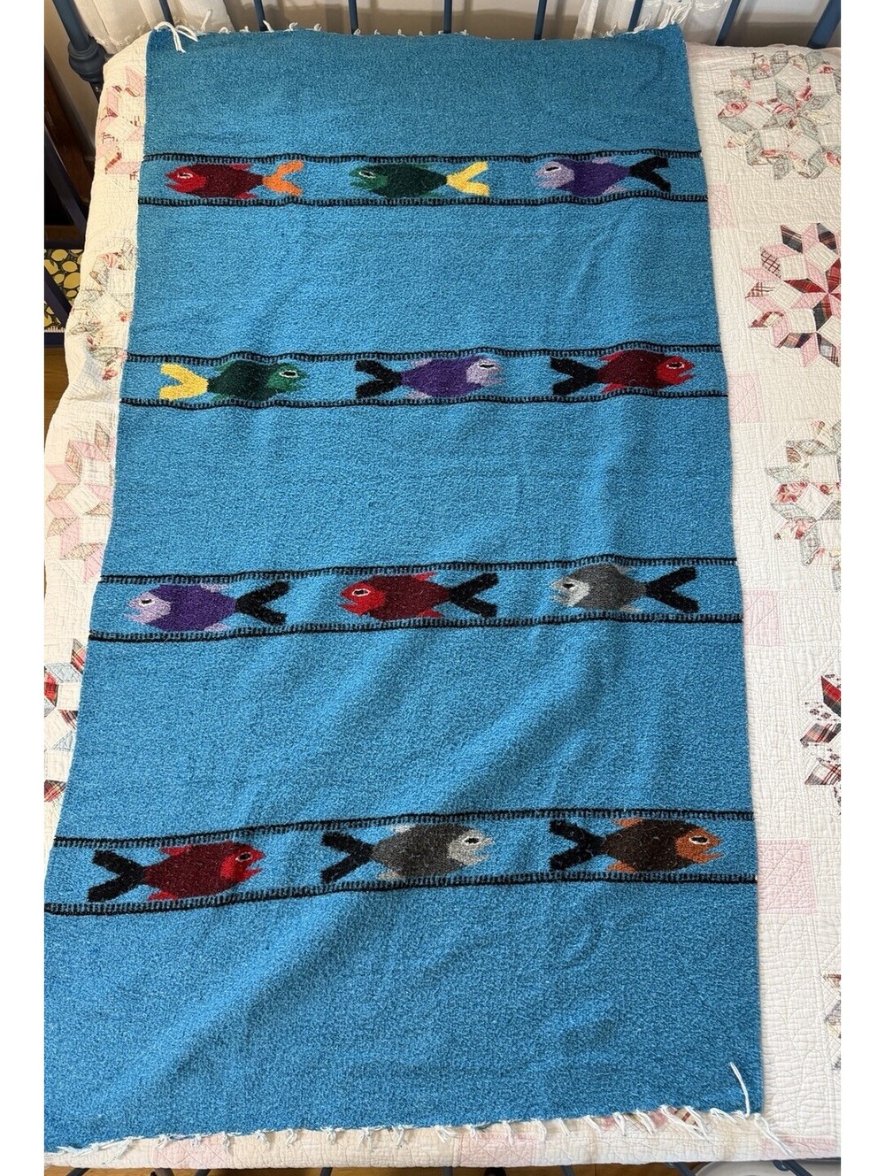 Bright Blue Mexican Beach Blanket Colorful Fish Pattern 78” X 44” Double Sided